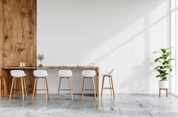 A dining table with six barstools, set against an empty wall in the foreground, on a modern concrete floor with white walls in the background
