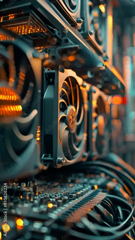 Poster a close up of a computer fan with orange lights. the fan is black and has a red circle on it. vertic