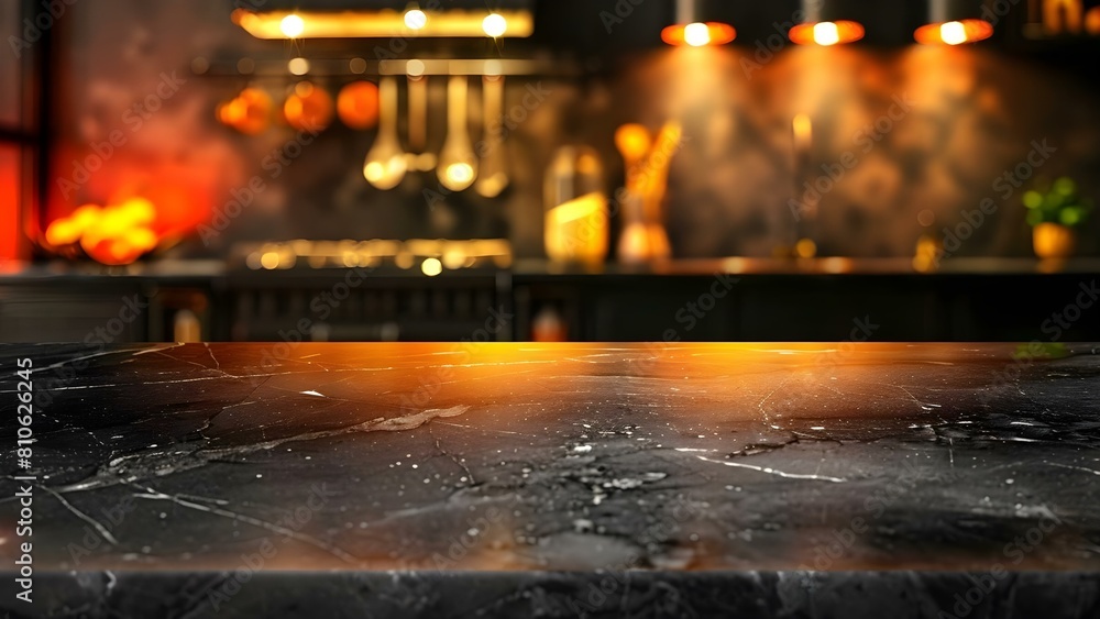 Poster abstract kitchen background with blurred bokeh effect and empty dark marble table for product displa