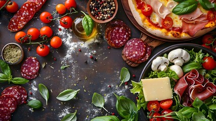 Vibrant Italian Pizza Toppings and Salami Salad in Artistic Banner. Concept Italian Cuisine, Vibrant Pizza Toppings, Artistic Banner, Salami Salad, Food Photography