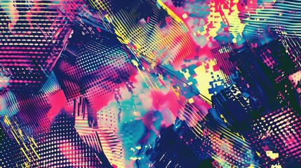 A digital glitch abstract texture background, featuring a pattern of colorful, pixelated shapes and lines, creating a sense of movement and distortion.
