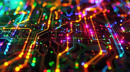 A digital circuit board abstract texture background, featuring a maze of colorful wires and circuits, creating a futuristic, tech-inspired look.