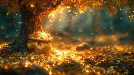canvas bag with gold coins against a background of iridescent shiny bokeh. Banner with copy space.