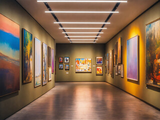 A billboard wall of art posters and framed portraits by various painters on a white wall in a museum on a wall that goes for infinity, horizon at the top of the image, digital art, 8k hdr