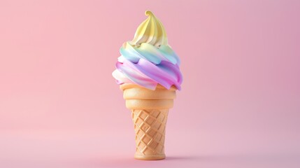 Front view of a rainbow-colored ice cream cone against a soft pink background. The ice cream features vibrant swirls of pastel colors, creating a visually appealing and delicious-looking treat. 