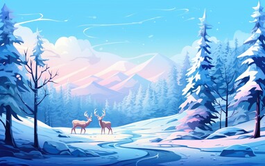 Two deer roaming snowy landscape among trees