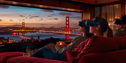 Friends Enjoying a Virtual Reality Session in a Cozy Living Room Overlooking the Iconic Golden Gate...
