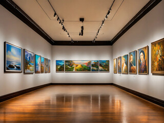 A billboard wall of art posters and framed portraits by various painters on a white wall in a museum on a wall that goes for infinity, horizon at the top of the image, digital art, 8k hdr