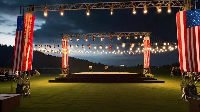 Push in shot of open air stage in evening illuminated and decorated with American flags. Place where candidates speak during election campaign.