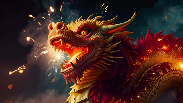 Traditional red and orange Chinese dragon with fireworks on the background. Celebrating Chinese Lunar New Year.