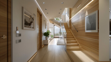 Compact entrance hall in a modern American home with a narrow staircase and efficient space use.