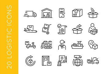 Logistics icons. Set of 20 logistics trendy minimal icons. Truck, Warehouse, Delivery, Package, Crane, Forklift, Train, Boat, Inventory icon. Design signs for web page, mobile app. Vector illustration