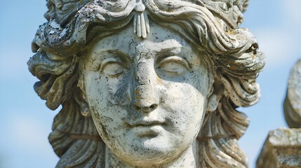 A sculpture of a woman with curly hair and a flower wreath decorates the top of her head