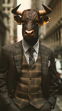 Surreal urban scene with a bull's head on a man dressed in a stylish plaid suit in a busy city street. Vertical video