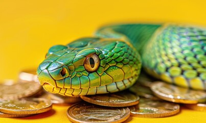 Close-up of a green snake coiled on a stack of shiny gold coins.