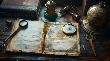 An antique brass pocket watch rests on a wooden table beside a worn leather book