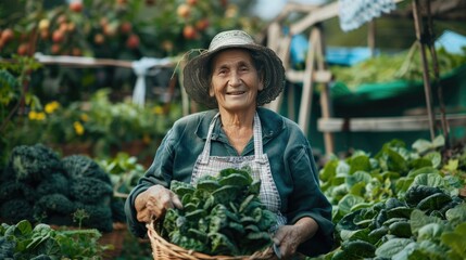 Portrait of mature female gardener, farmer in an apron with basket harvesting greens  