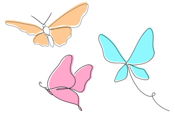 One continuous line butterfly vector pink illustrations set. Single line hand drawn sketch. Summer symbol in trendy style