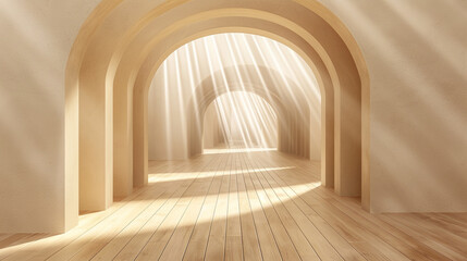 Artistic 3D gallery featuring an elongated arch entrance and sandy beige wooden floor bathed in sunlight.