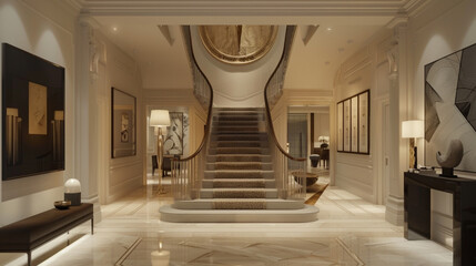 Elegant entrance hall with a grand staircase and modern art pieces in an upscale American house.