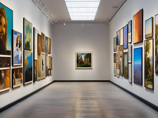 A billboard wall of art posters and framed portraits by various painters on a white wall in a museum on a wall that goes for infinity, horizon at the top of the image, digital art, 8k hdr