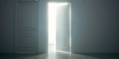 An Open Door Emits a Bright, Surreal Light, Illuminating an Otherwise Dark Room, Creating a Dramatic Contrast and Suggesting New Beginnings or Unexplored Opportunities, Generative AI