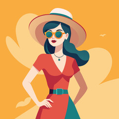 Beautiful Girl with hat and sunglasses colorful watercolor illustration