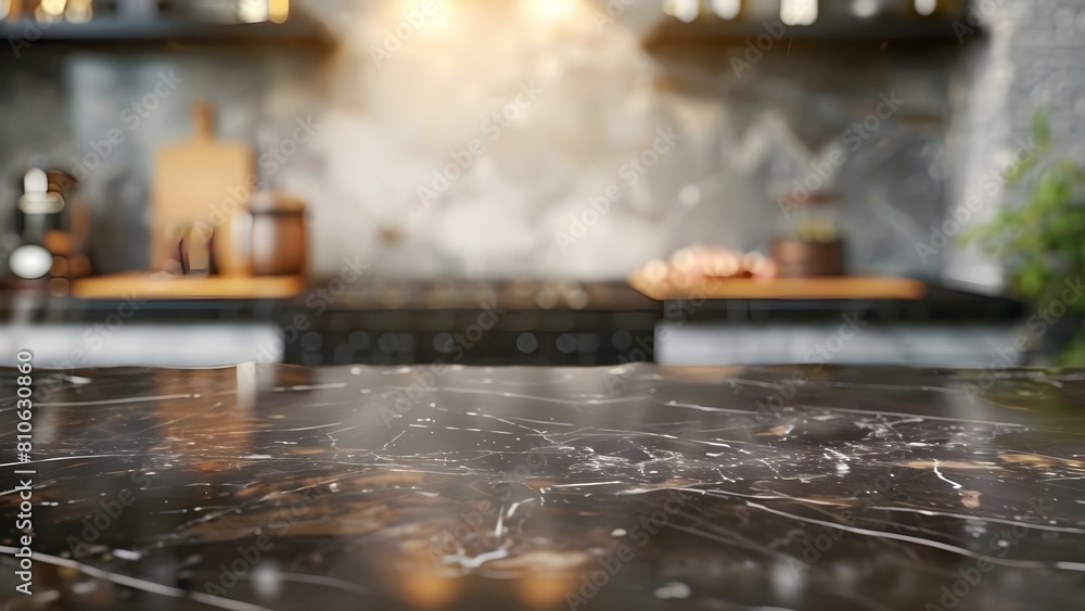 Poster blurry bokeh kitchen background with empty dark marble table for product display. concept product di