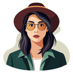 Beautiful Girl with hat and sunglasses colorful watercolor illustration