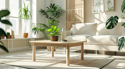 Table with beautiful houseplant comfortable sofa
