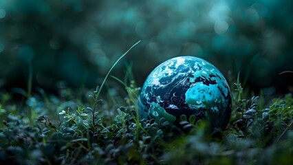 Earth globe in weeds symbolizing reduce reuse recycle to lessen environmental impact. Concept Sustainability, Reduce Reuse Recycle, Environmental Impact, Earth Globe, Weeds