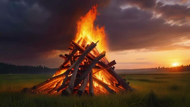Fire rises above large fire pit made of wood in field. Traditional bonfire during the Summer solstice day.