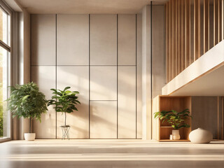 Wooden bench against grey wall and staircase. Scandinavian, rustic farmhouse interior design of modern entryway.
