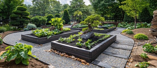 Serene Japanese style Vegetable Garden with Raked Gravel Paths and Bonsai Trees Arranged in