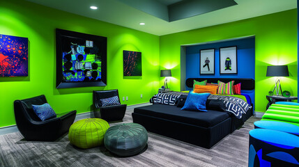 Trendy teenage area with neon green walls, contemporary black furniture, and blue touches.