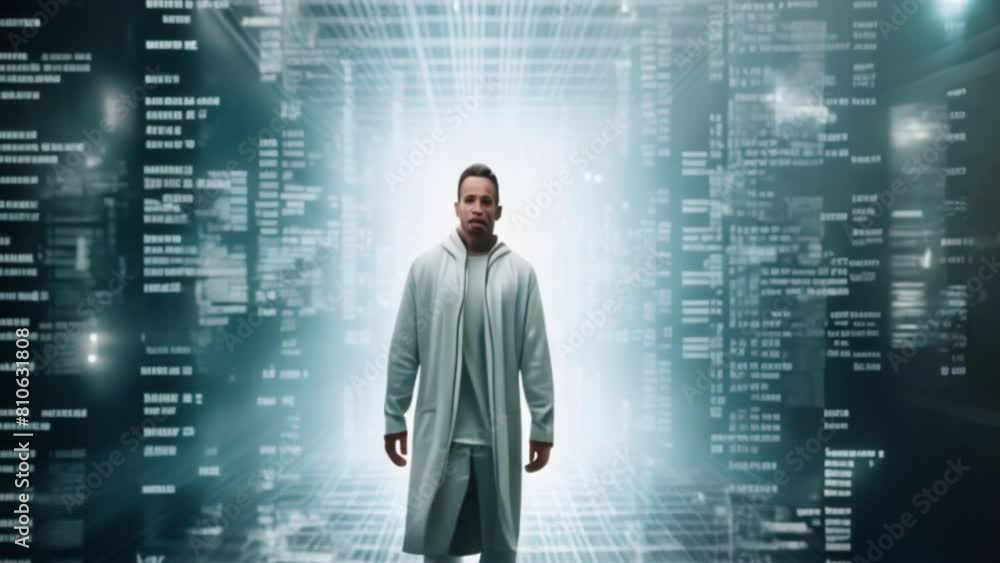 Poster A binary code sequence morphing into a human figure, representing the blurring boundaries between the digital and physical realms.