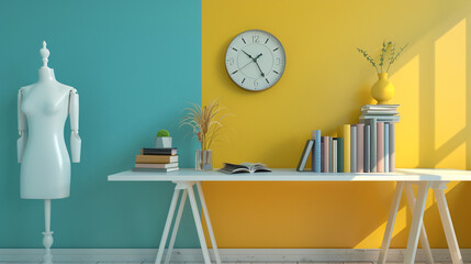 Table with modern clock books and mannequin near color