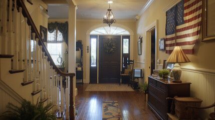 Inviting American entrance with a traditional banister and welcoming decor.