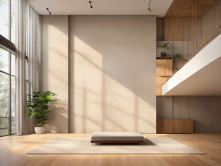 Wooden bench against grey wall and staircase. Scandinavian, rustic farmhouse interior design of modern entryway.