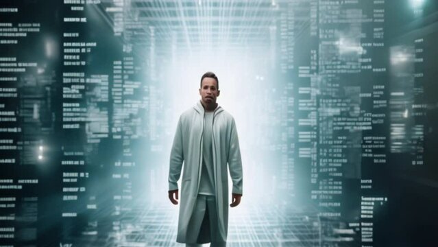 A binary code sequence morphing into a human figure, representing the blurring boundaries between the digital and physical realms.