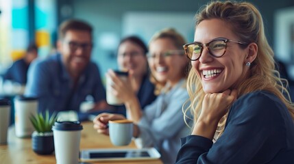 Smiling team of diverse professionals enjoying a collaborative coffee break in a modern office environment