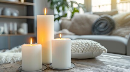White candles in a cozy living room, perfect for home decor and wellness content.