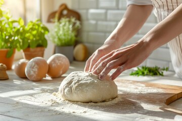 Fototapeta premium Baker's hands knead dough on the table in a bright kitchen 