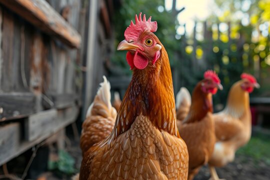 Chickens on a chicken farm grazing outdoors, domestic animal husbandry concept
