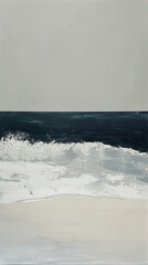 A minimalist, abstract painting depicting the ocean and beach, with waves crashing onto white sand. The background is light gray, and a small patch of dark blue water is featured in the foreground.
