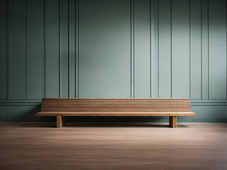 Wooden bench against grey wall and staircase. Scandinavian, rustic farmhouse interior design of modern entryway.