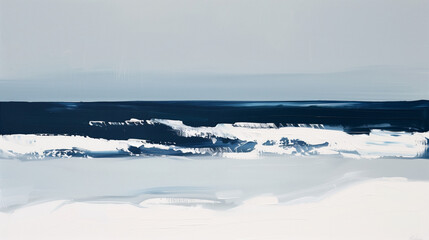 A minimalist, abstract painting depicting the ocean and beach, with waves crashing onto white sand. The background is light gray, and a small patch of dark blue water is featured in the foreground.
