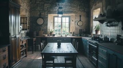 An instant photo featuring a wide straight shot of a large kitchen in an old stone cottage © Yusif