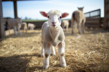 Funny close up portrait of a little lamb on a wide angle camera standing on the hay.