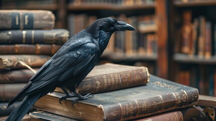 Fototapeta premium A large black bird perched on ancient books
